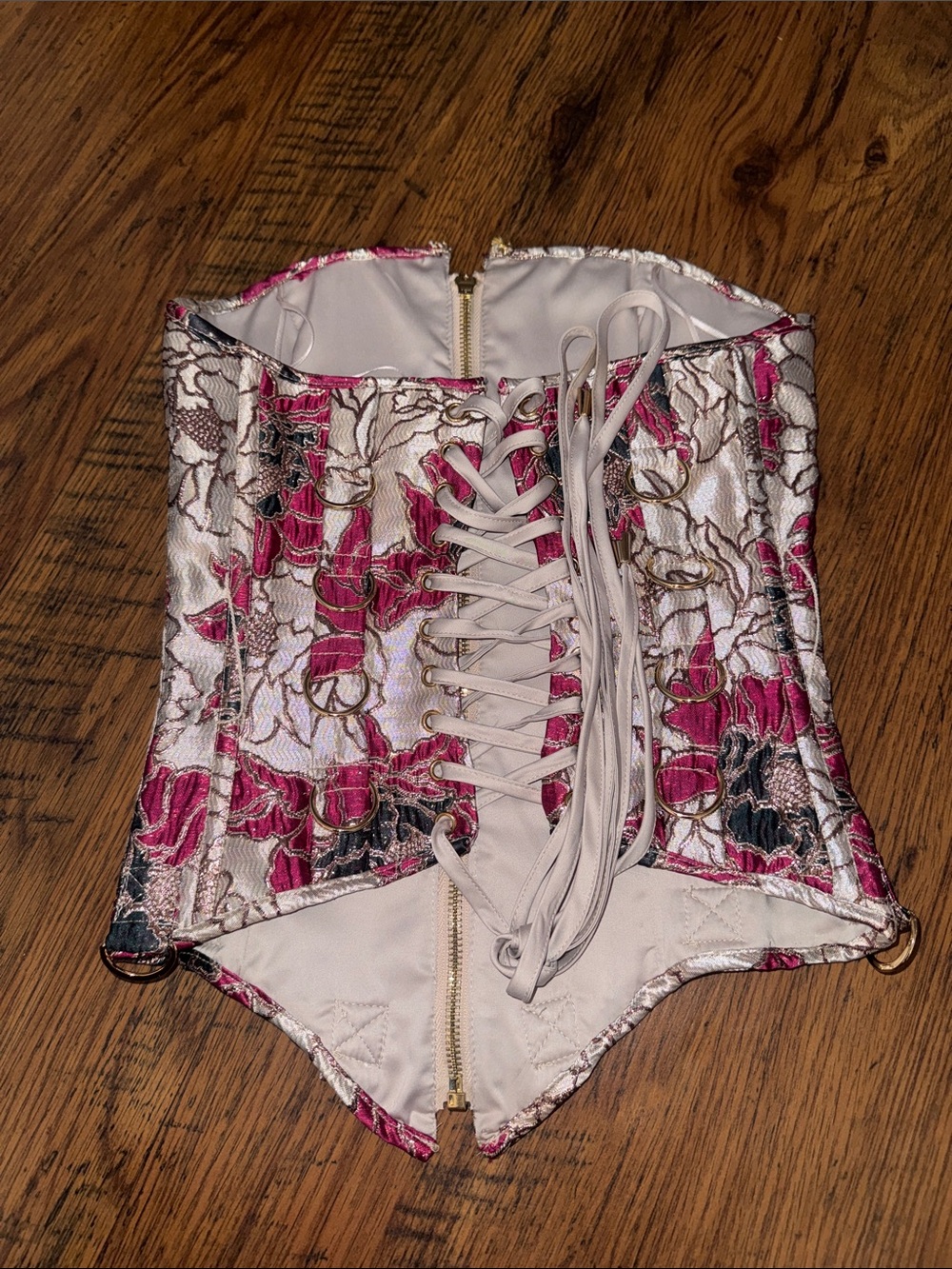 AKIRA Pink and Ivory Floral Lace-Up Bustier 2.R4